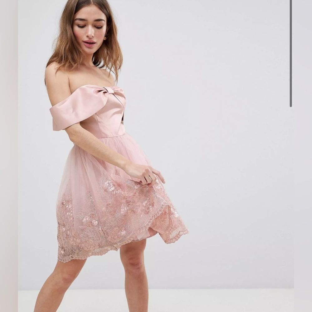 Chi Chi London Petite Off Shoulder Midi Dress Bow Front and Premium Lace Detail